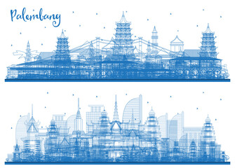 Outline Phnom Penh Cambodia and Palembang Indonesia City Skyline Set with Blue Buildings.