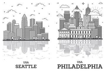 Outline Philadelphia Pennsylvania and Seattle Washington USA City Skyline Set.