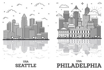 Fototapeta premium Outline Philadelphia Pennsylvania and Seattle Washington USA City Skyline Set.