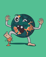 vector and kawaii standing on poop with globe character illustration of a cute mascot