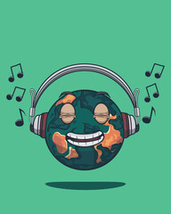 vector and kawaii listeninig music of dj  with globe character illustration of a cute mascot