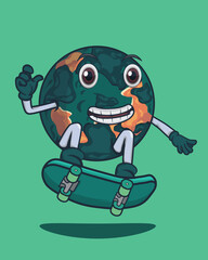 vector and kawaii playing skateboarding with globe character illustration of a cute mascot