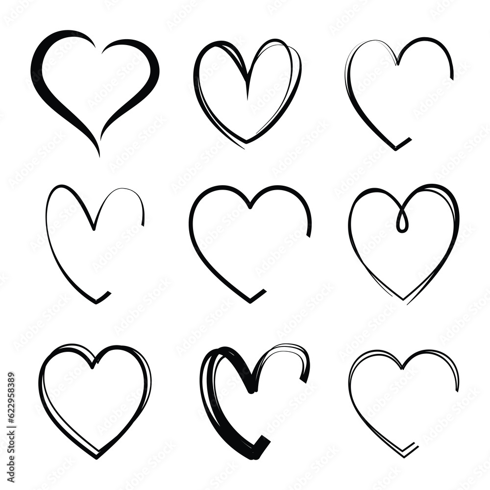 Wall mural heart symbol in hand drawn style set. love icon hand drawn isolated on white background.