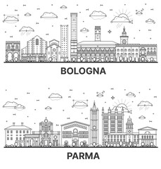 Outline Parma and Bologna Italy City Skyline Set with Historic Buildings Isolated on White.