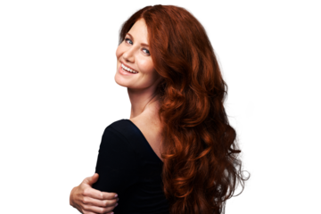 Portrait, smile or woman with red curly hair, texture shine and hairstyle volume, highlights or auburn extensions. Salon, shampoo clean or back of happy person isolated on transparent, png background