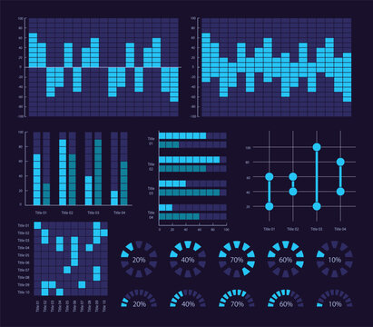 Commercial analysis results infographic chart design template set for dark theme. Visual data presentation. Editable bar graphs and circular diagrams collection. Myriad Variable Concept font used