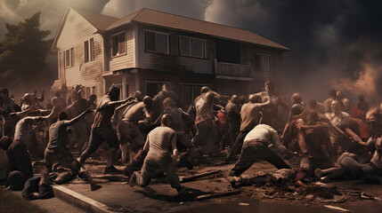 Zombie mob attacks a suburban town