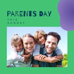 Parents day, this sunday text on green with happy caucasian parents piggybacking children outside