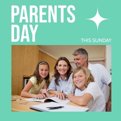 Parents day, this sunday text on green with happy caucasian parents, daughter and son at home