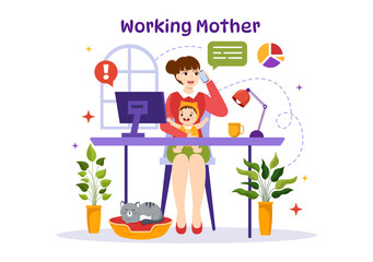 Working Mother Vector Illustration with Mothers who does Work and Takes Care of her Kids at the Home in Multitasking Cartoon Hand Drawn Templates