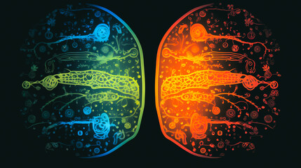 juxtaposition of two contrasting elements. On one side, a vibrant mitochondrion, symbolizing energy production within cells, is illuminated in bright colors. On the other side, a faded Generative AI