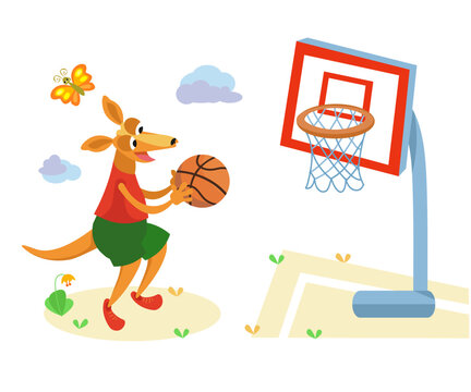Cute kangaroo playing basketball. Sports for children. Cartoon character and sports playground. Vector isolated illustration on white background. 