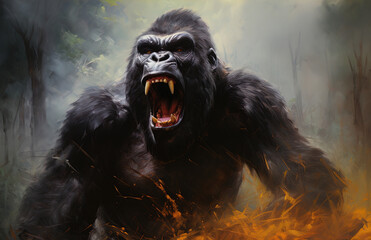 A mighty gorilla roars and shows his fangs. Great for stories on the jungle, adventure, travel, wildlife, animals, conservation, fantasy and more. 