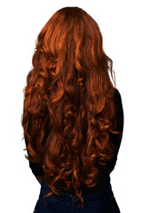 Fototapeta premium Wavy, back and woman with red hair growth, curly textures and healthy long locks, smooth shine and clean. Beauty salon hygiene, hairdressing or ginger person isolated on transparent, png background
