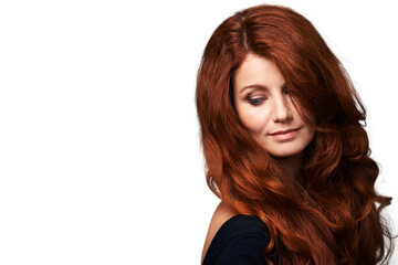 Wavy, advertising and woman with red hair, curly texture promotion and healthy clean locks. Salon...