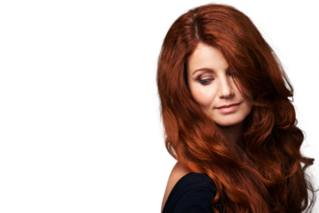 Wavy, advertising and woman with red hair, curly texture promotion and healthy clean locks. Salon hygiene, hairdressing shampoo commercial or ginger person isolated on transparent, png background