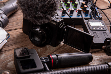 Equipment to broadcast live conversation on social media. Mobile Vlogging Filmmaking Setup Content...