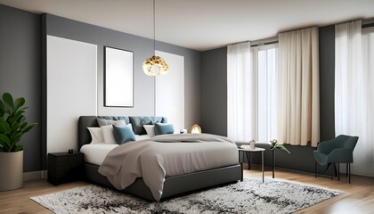 Home Decoration, Photography illustration capturing a modern and minimalist bedroom with a serene atmosphere in the Anytime environment.