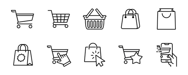 shopping bag icon set online purchase shopping cart trolley symbol outline style illustration vector design - obrazy, fototapety, plakaty