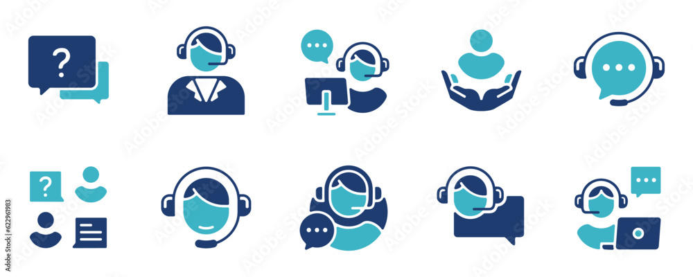 Poster online support assistant icon set vector customers service agent assist client care symbol illustration for web and app