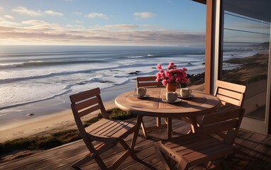 Fototapeta na wymiar Luxury breakfast beautiful tropical sea sky background. Idyllic romantic morning love couples time at summer holiday generative ai