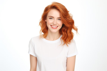 Fototapeta premium Close up of a young woman smiling and wearing a white t-shirt on a white background. Generative AI
