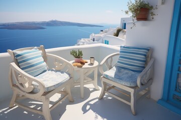 Fototapeta na wymiar Modern balcony in Santorini, offering a luxurious space with chairs to enjoy the captivating sunny sea views.3d render...