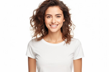 Fototapeta premium Close up of a young woman smiling and wearing a white t-shirt on a white background. Generative AI