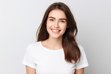 Fototapeta premium Close up of a young woman smiling and wearing a white t-shirt on a white background. Generative AI