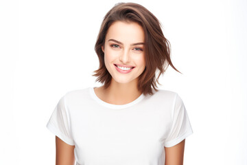 Fototapeta premium Close up of a young woman smiling and wearing a white t-shirt on a white background. Generative AI