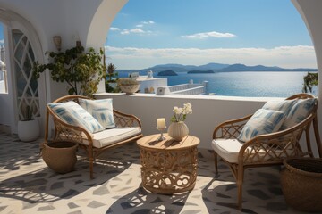 Modern balcony in Santorini, offering a luxurious space with chairs to enjoy the captivating sunny sea views.3d render...