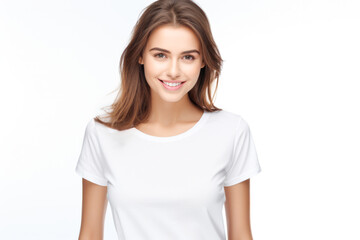 Fototapeta premium Close up of a young woman smiling and wearing a white t-shirt on a white background. Generative AI
