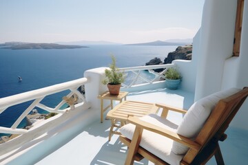 Fototapeta premium Modern balcony in Santorini, offering a luxurious space with chairs to enjoy the captivating sunny sea views.3d render...