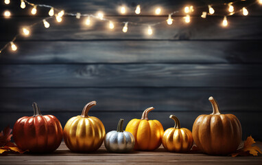 Autumn pumpkins background with copy space, garland with light bulbs, dark bokeh lights, maple leaves. Wooden table. Halloween concept. Happy Thanksgiving.
