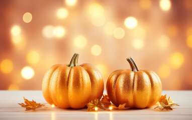 Thanksgiving day with pumpkins and maple leaves on bokeh lights orange background. Autumn composition with copy space. Wooden table. Halloween concept. Festive atmosphere.