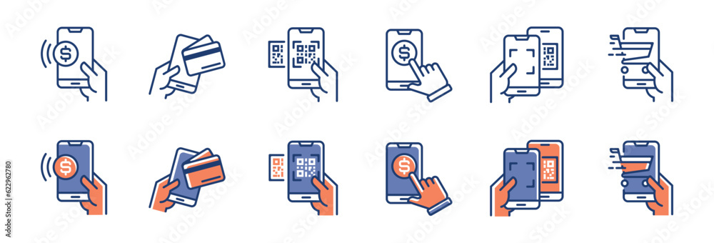 Poster cashless mobile payment qr code icon set vector pos shopping smartphone secure money transfer symbol