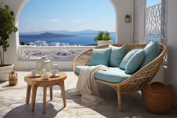Fototapeta na wymiar Elegant balcony in Santorini with sleek chairs, perfect for enjoying the sunny weather and breathtaking sea views