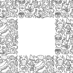 Drawn food background. Doodle food illustration with place for text