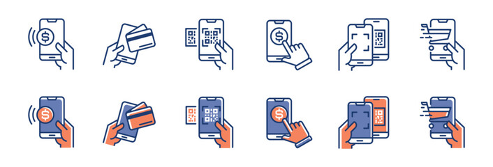 cashless mobile payment qr code icon set vector pos shopping smartphone secure money transfer symbol illustration - obrazy, fototapety, plakaty