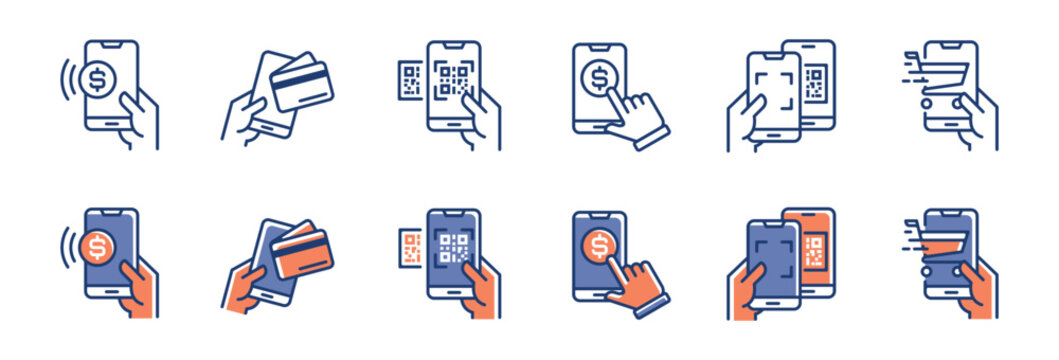 cashless mobile payment qr code icon set vector pos shopping smartphone secure money transfer symbol illustration