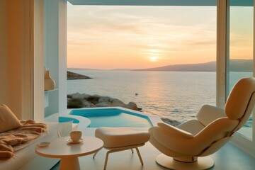 Sunny and luxurious balcony in Santorini, designed with modern aesthetics. Details of pool and architecture during sunset