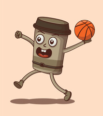 Vector jump basketball with coffee cup illustration of cute character
