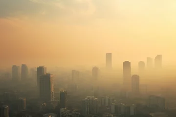 Photo sur Plexiglas Matin avec brouillard City skyline and the air pollution, global warming concept.