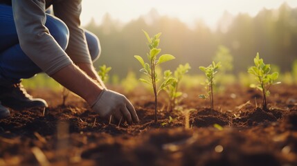 Young girl planting small samplings on the soil, Loved caring hands, ecosystem preservation, and reforestation concept.
