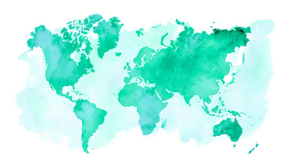 Blue watercolor silhouette of World Map. Art painting. AI generated