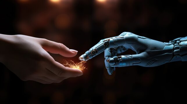 The human finger delicately touches the finger of a robot's metallic finger, sparks ignite between fingers. Concept of harmonious coexistence of humans and AI technology,