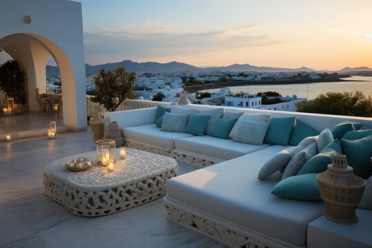 Santorini's luxurious sunny terrace villa with modern chairs, overlooking the beautiful sea during sunset.