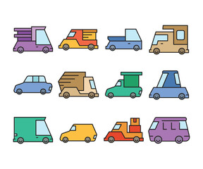 car and vehicle icons set vector