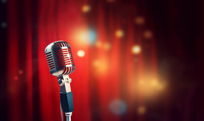 Professional microphone with blurred background and copy space, Podcast or recording studio background,professional
