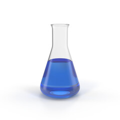3d rendering of laboratory flask with blue liquid isolated on white, Glass flask and beaker in medical health science of technology